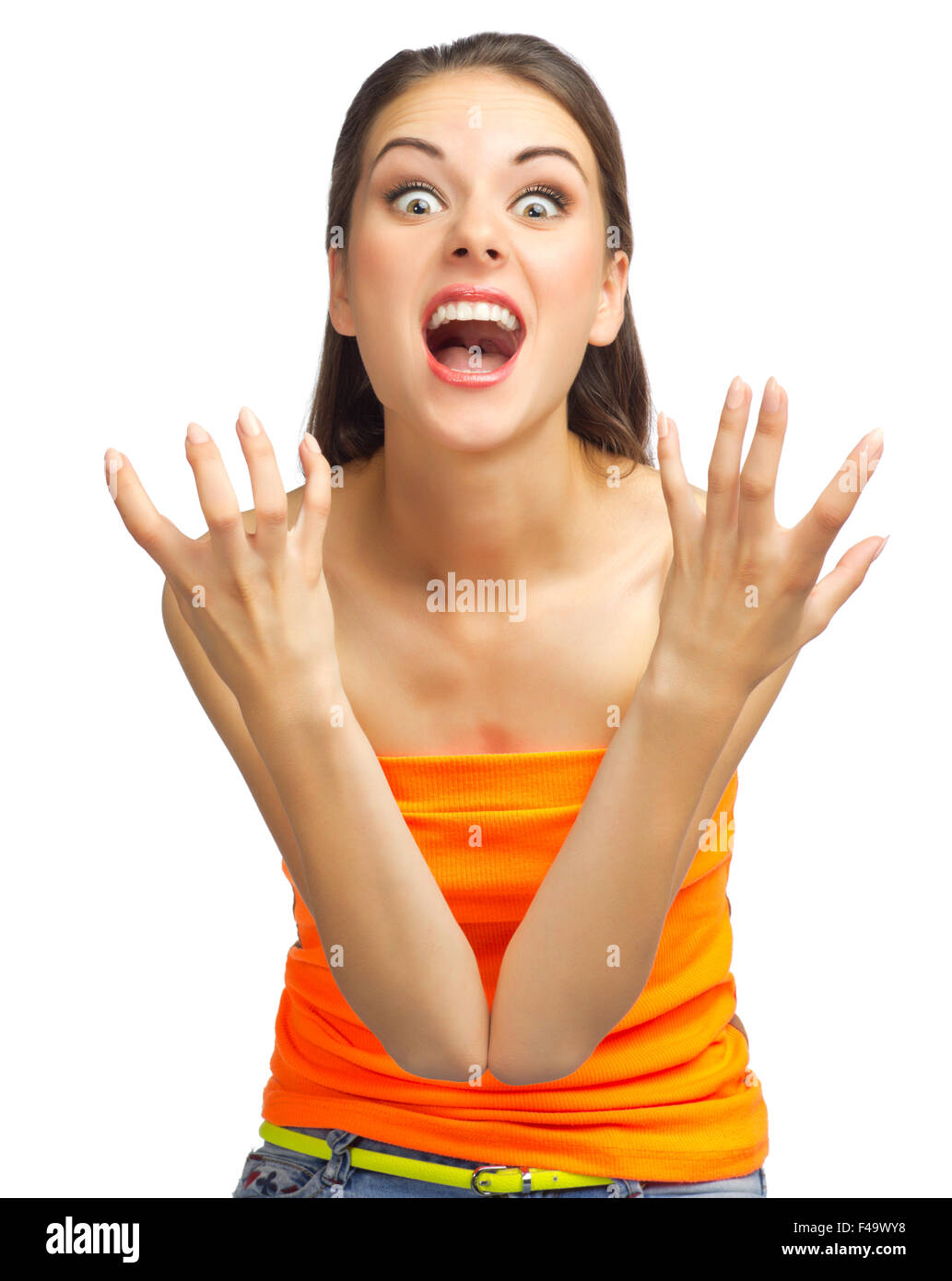 Young screaming girl isolated on white Stock Photo