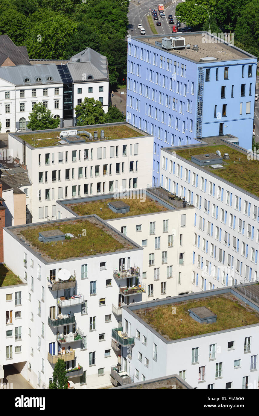 Hamburg, Germany apartment architecture. Green planting on roofs keeps blocks cool and is good