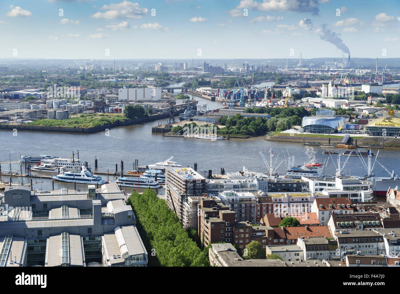 Hamburg, Germany - St Michael's Church. View across Elbe river to concert-theatre district and docks. Stock Photo