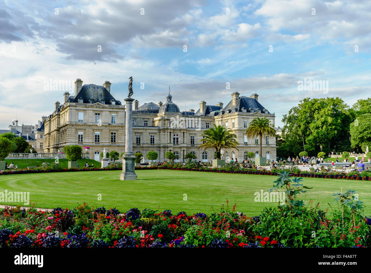 Looking past the garden flowers of the Luxembourg Gardens to the French Senate palace building. July, 2015. Paris, France. Stock Photo