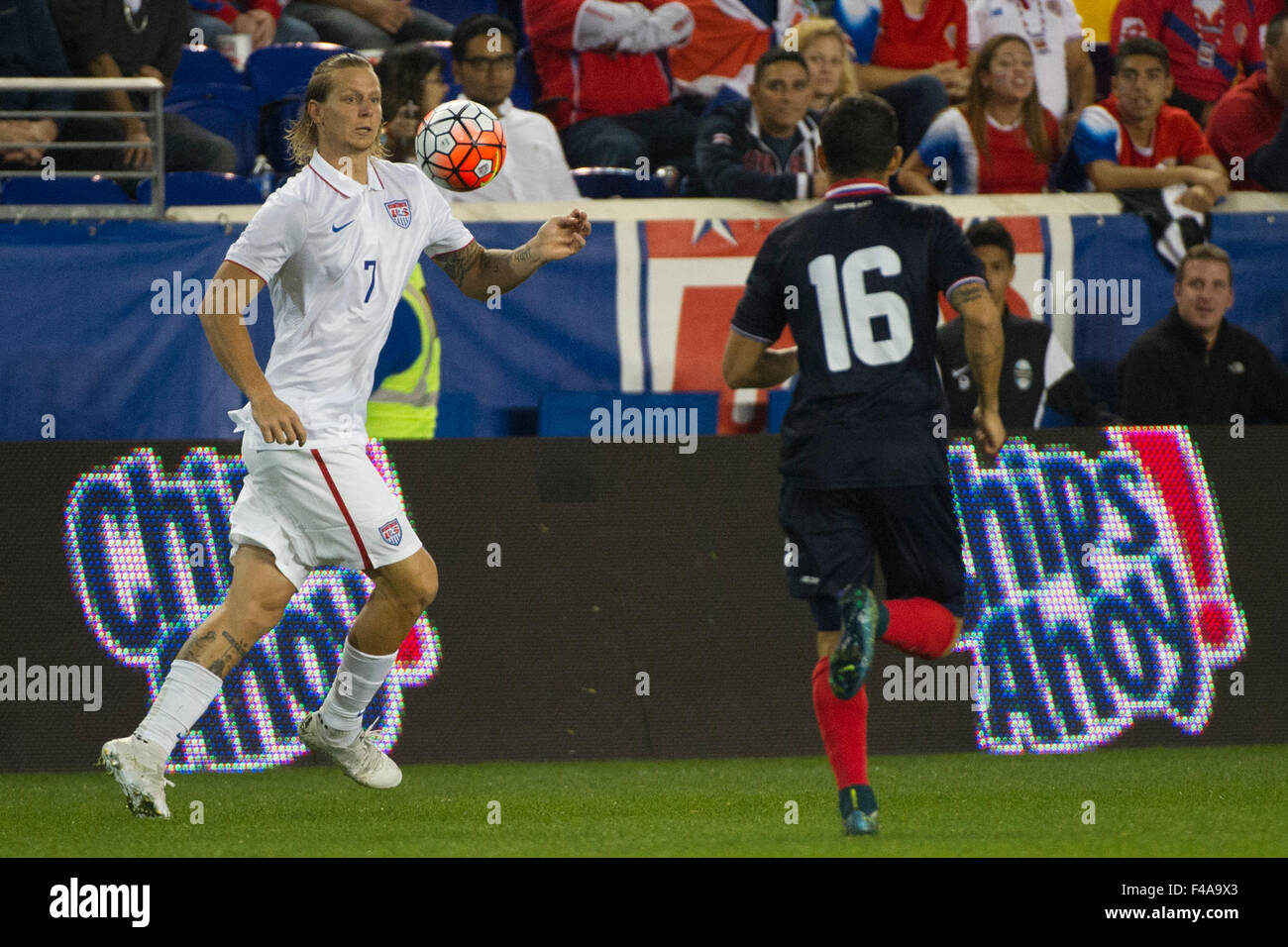 October 13, 2015: USA defender Brek Shea (7) is in action along with Costa Rica defender Christian Gamboa (16) USA Men's National Team vs. Costa Rica Men's National Team- international friendly at Red Bull Arena - Harrison, NJ. Costa Rica defeated The US Men's National Team 1-0. Mandatory Credit: Kostas Lymperopoulos/Cal Sport Media Stock Photo