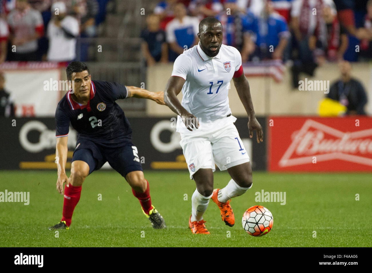 October 13, 2015: USA forward Jozy Altidore (17) moves the ball as Costa Rica defender Johnny Acosta (2) looks on during The USA Men's National Team vs. Costa Rica Men's National Team- international friendly at Red Bull Arena - Harrison, NJ. Mandatory Credit: Kostas Lymperopoulos/Cal Sport Media Stock Photo