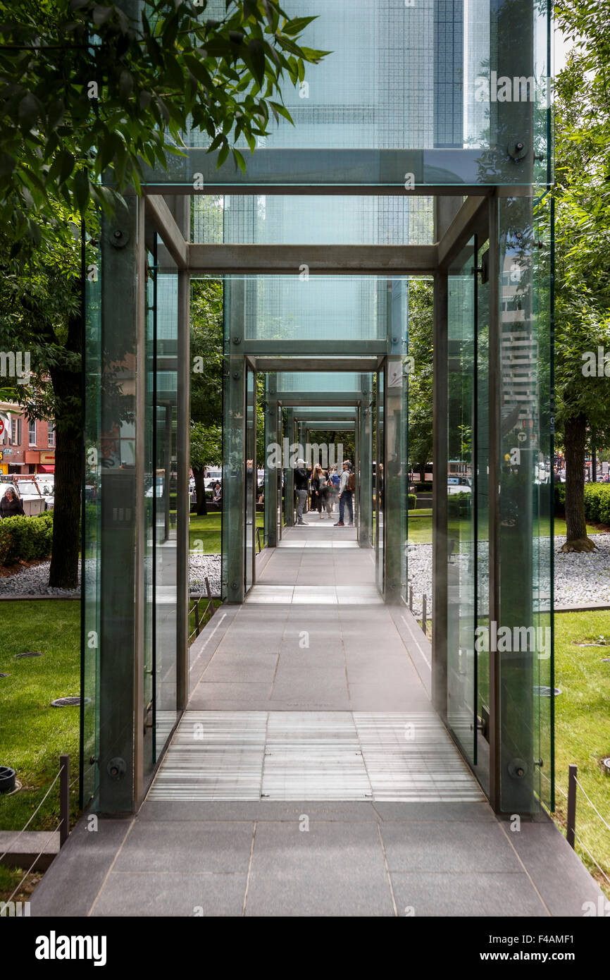Walkway through the glass panels of the New England Holocaust Memorial Boston Massachussetts Stock Photo