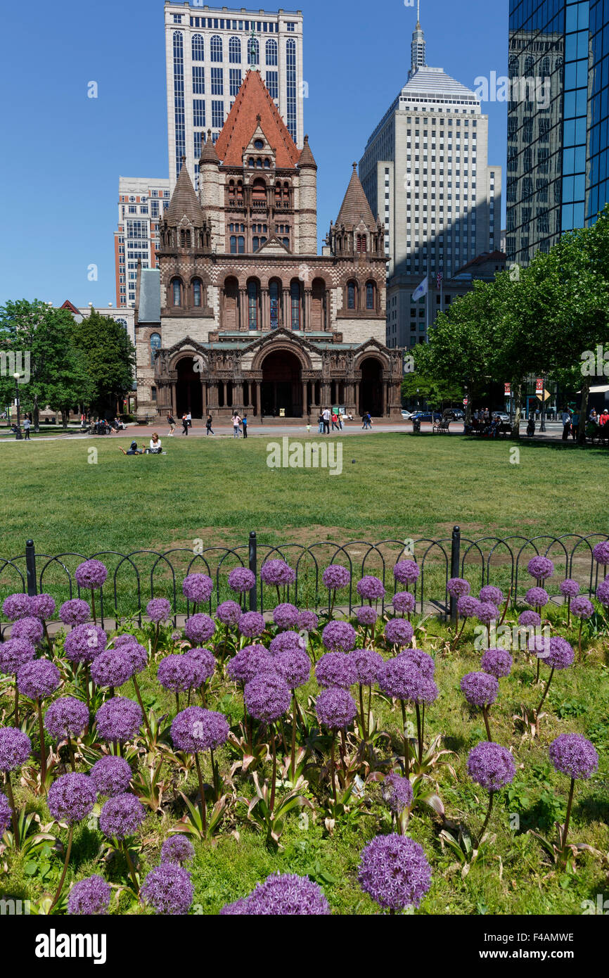 Trinity Church in Copley Square in  the City of Boston across Giant Allium flowerbed Stock Photo