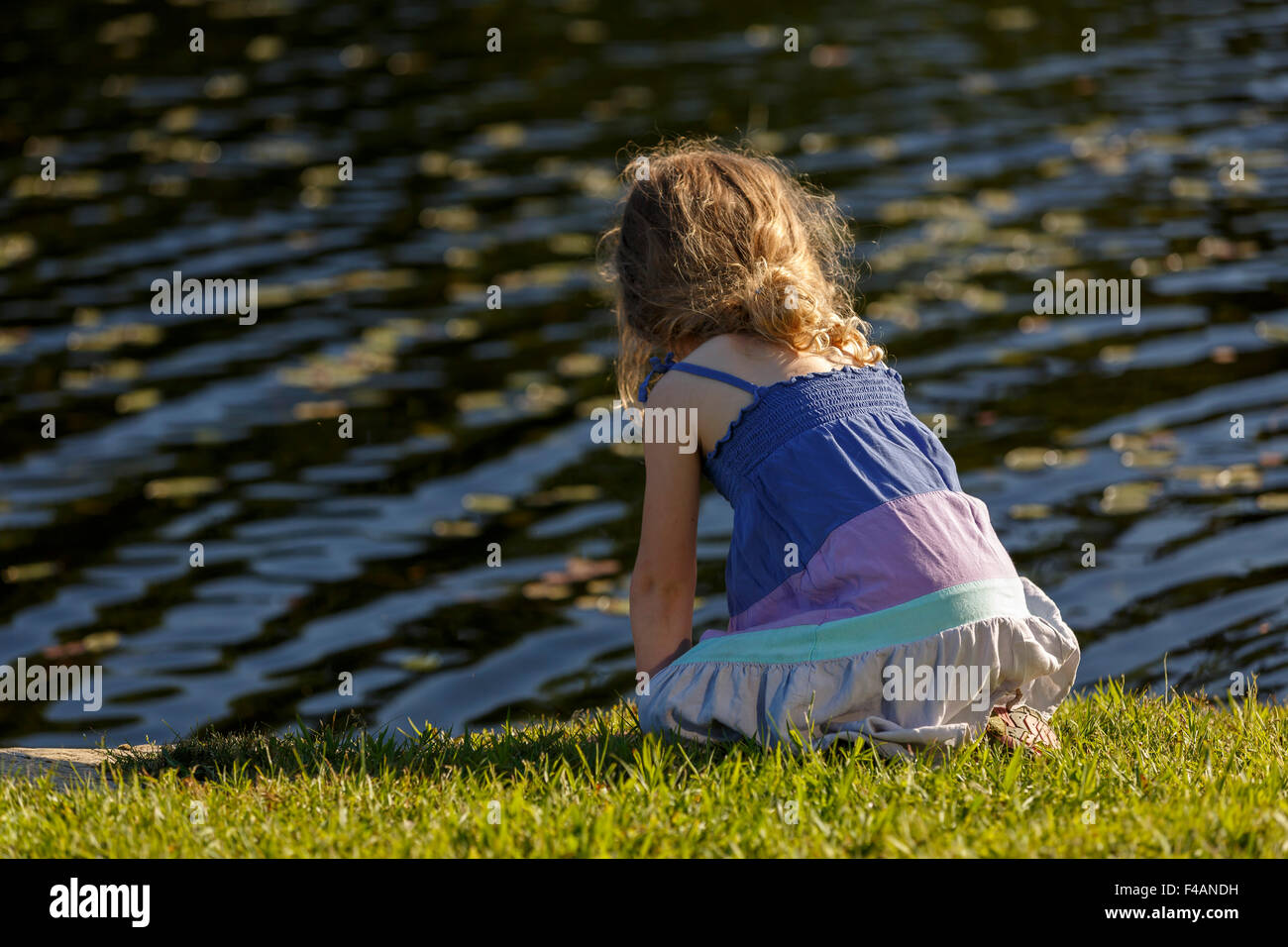 Young girl with loose long hair sitting with back to camera on grass at waters edge Stock Photo