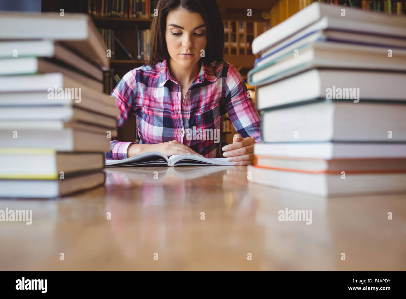 Concentrated female student studying at desk Stock Photo