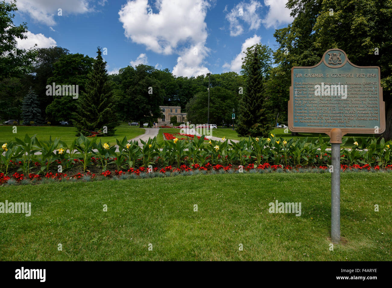 A plaque on the grounds of the Niagara Parks Commission administration building commemorates Sir Casimir Gzowski Stock Photo