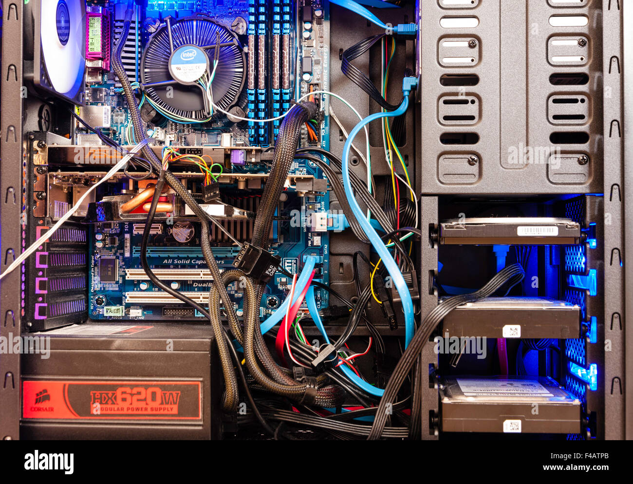 Technology. Interior of open desktop computer case. Main processor fan