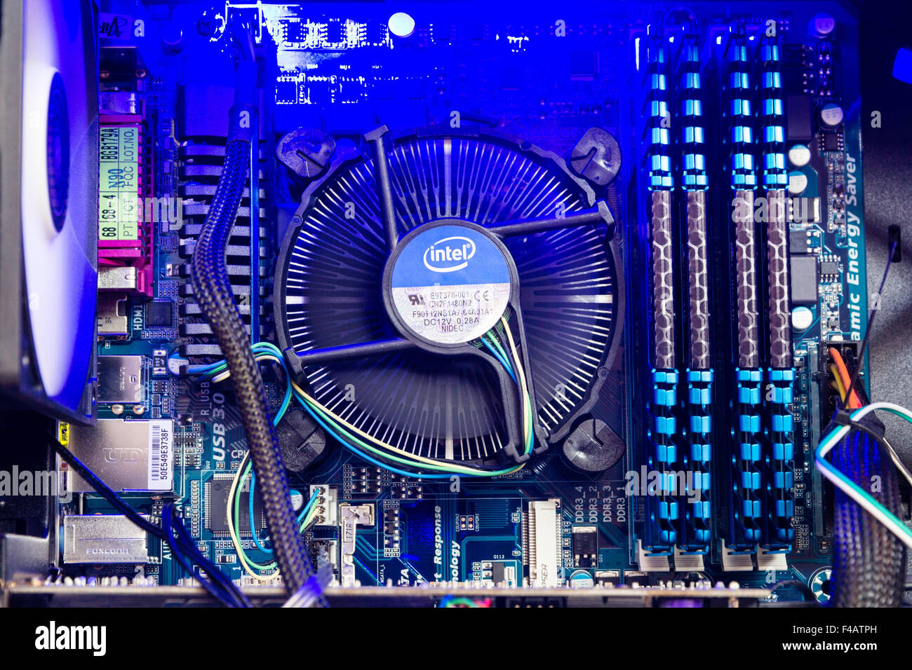 Technology. Interior of open desktop computer case. Main processor fan