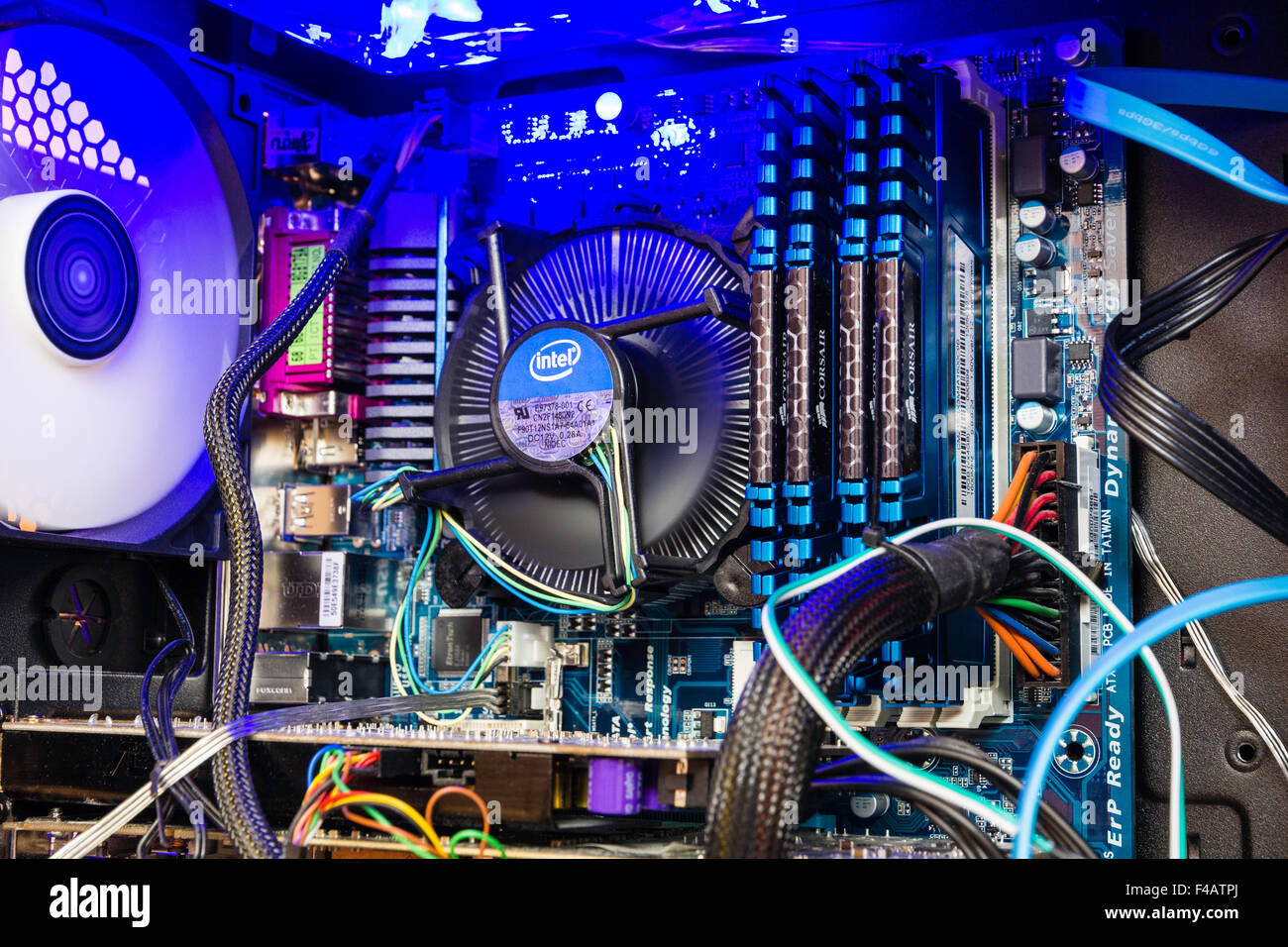 Technology. Interior of open desktop computer case. Main processor fan