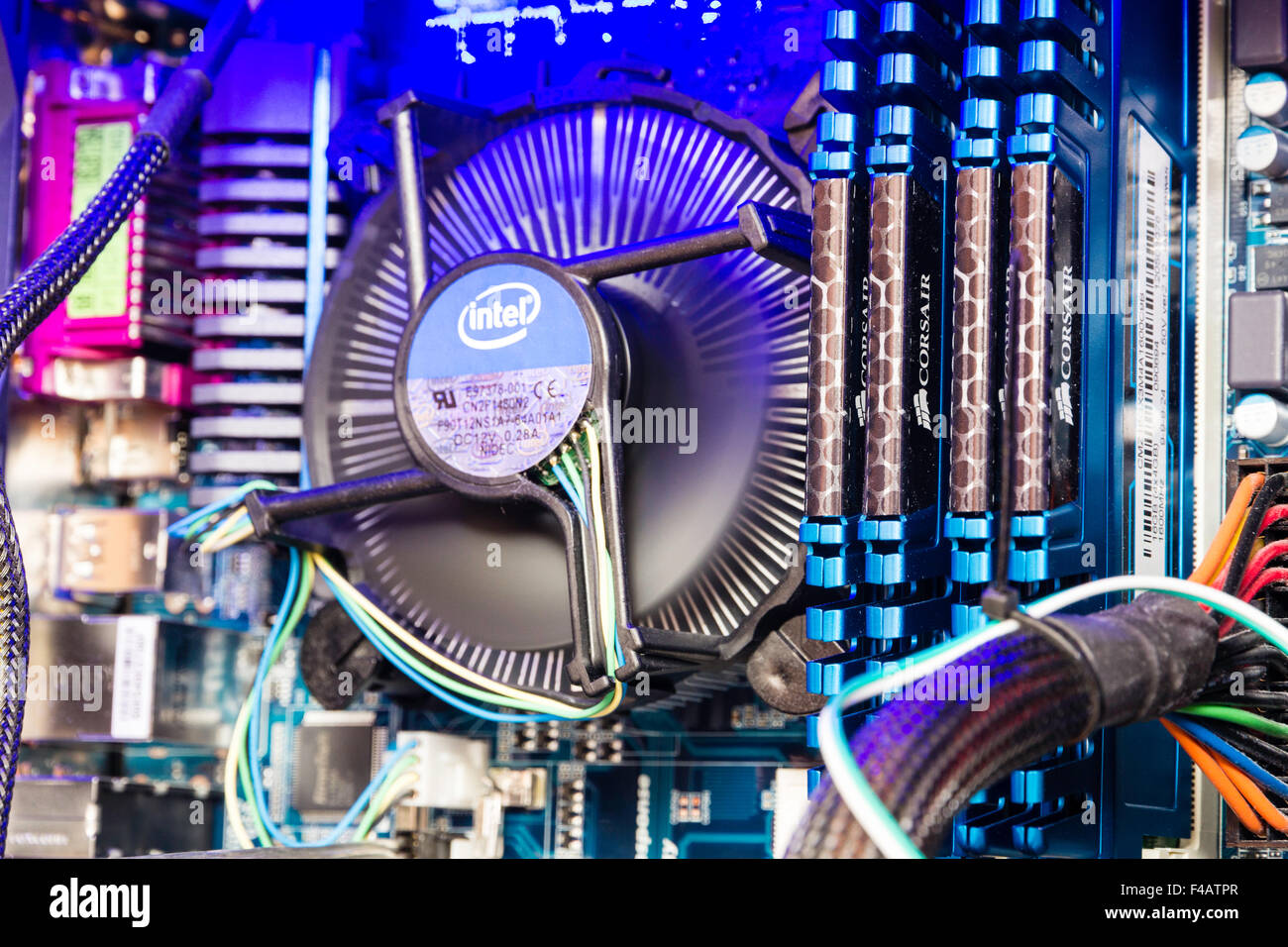 Technology. Interior of open desktop computer case. Main processor fan