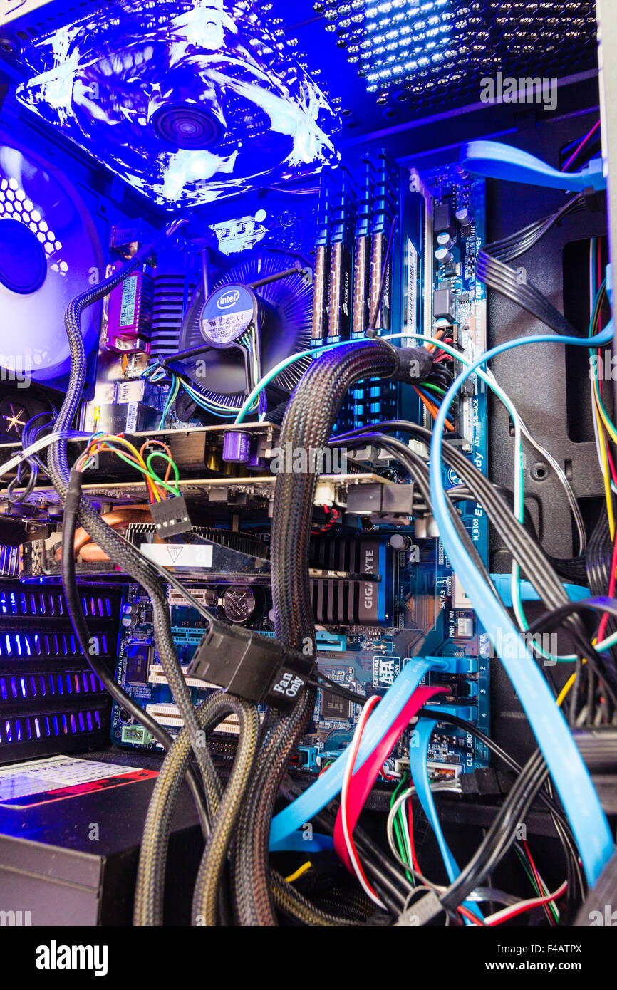 Technology. Interior of open desktop computer case. Main processor fan