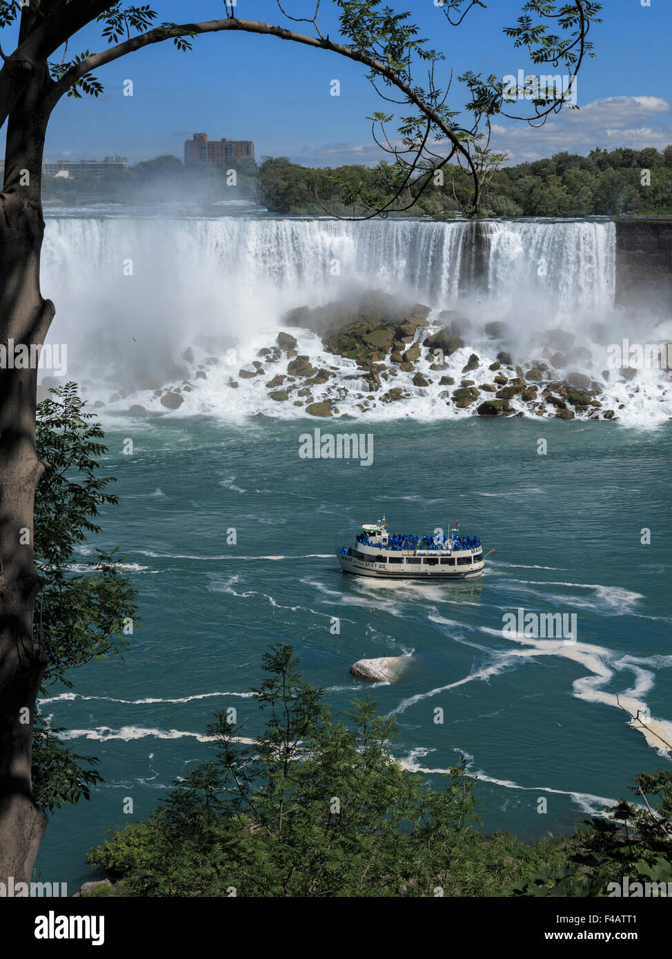 American Falls and Maid of the Mist tour boat  framed by a tree on the Canada side of the river Niagara Stock Photo