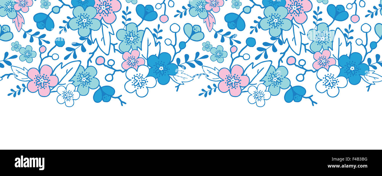 Blue and pink kimono blossoms horizontal seamless pattern background border Stock Photo