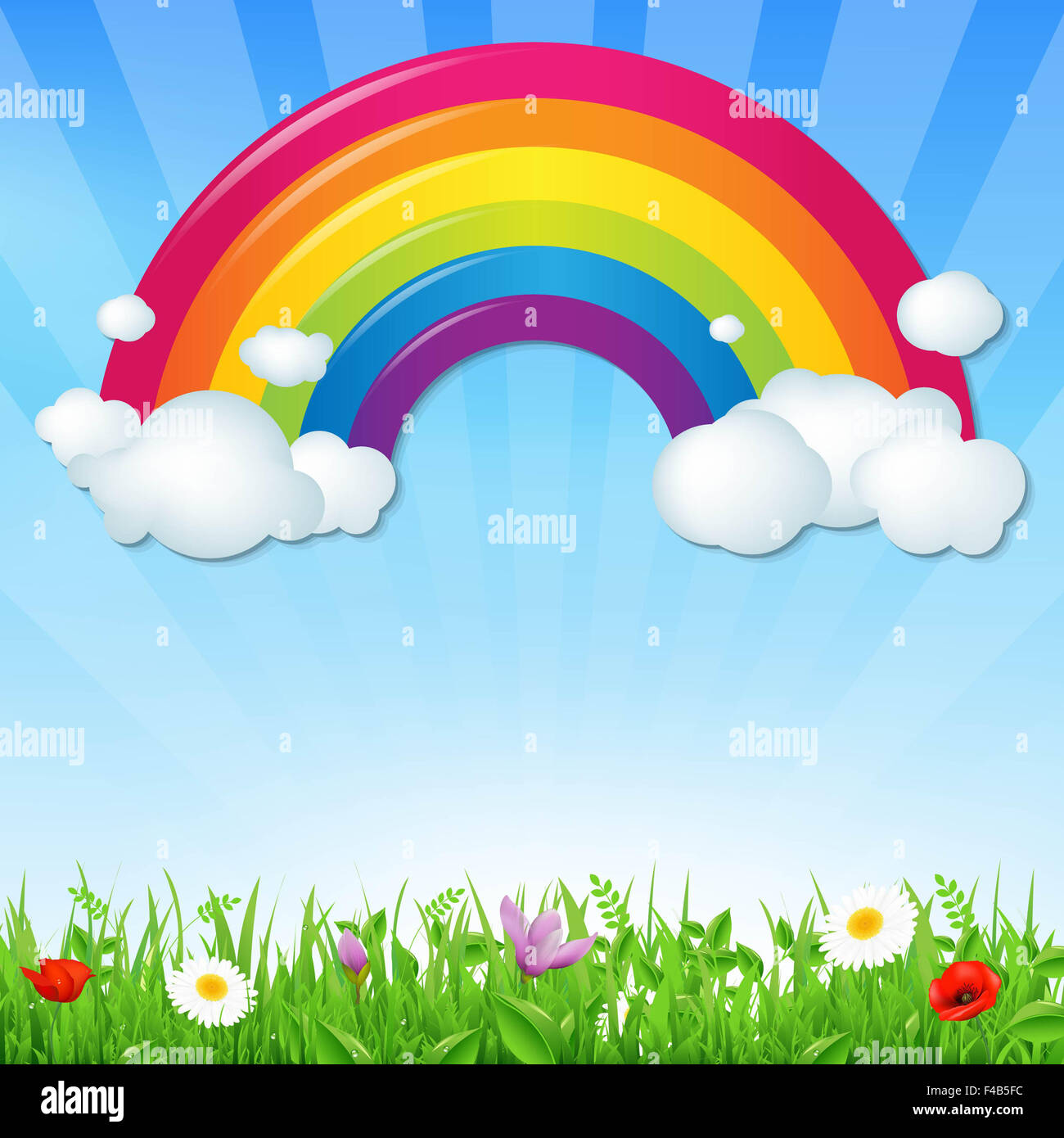 Color Rainbow With Clouds Grass And Flowers Stock Photo - Alamy
