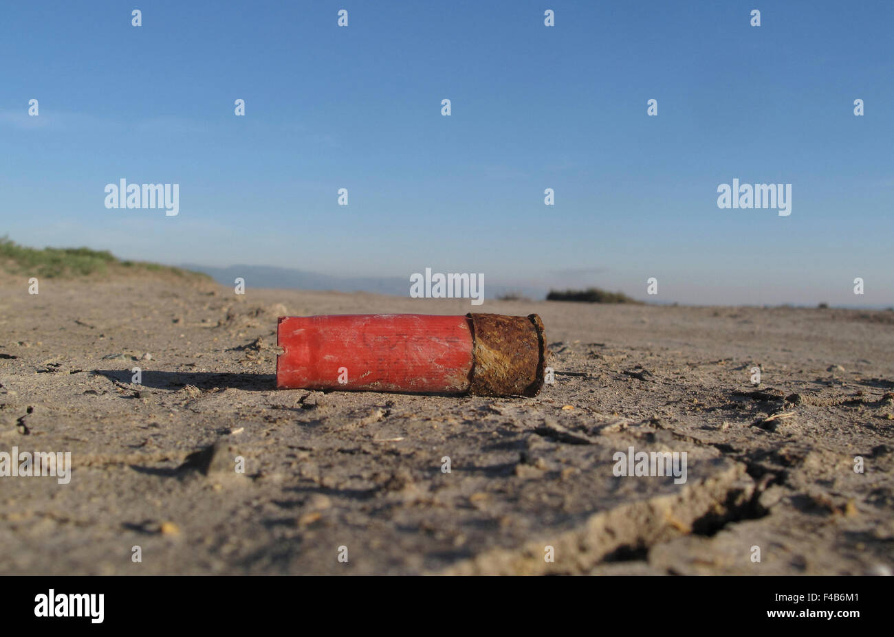 Spent shotgun shell at Alviso Marina County Park, San Jose, California Stock Photo