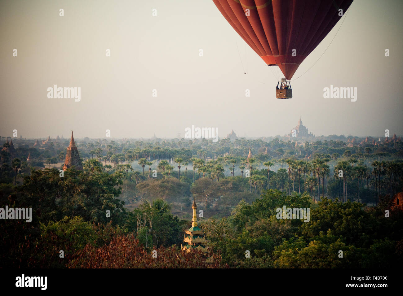 Balloons over Bagan ancient city Kingdom of Pagan temples and pagodas Burma (Myanmar) Stock Photo