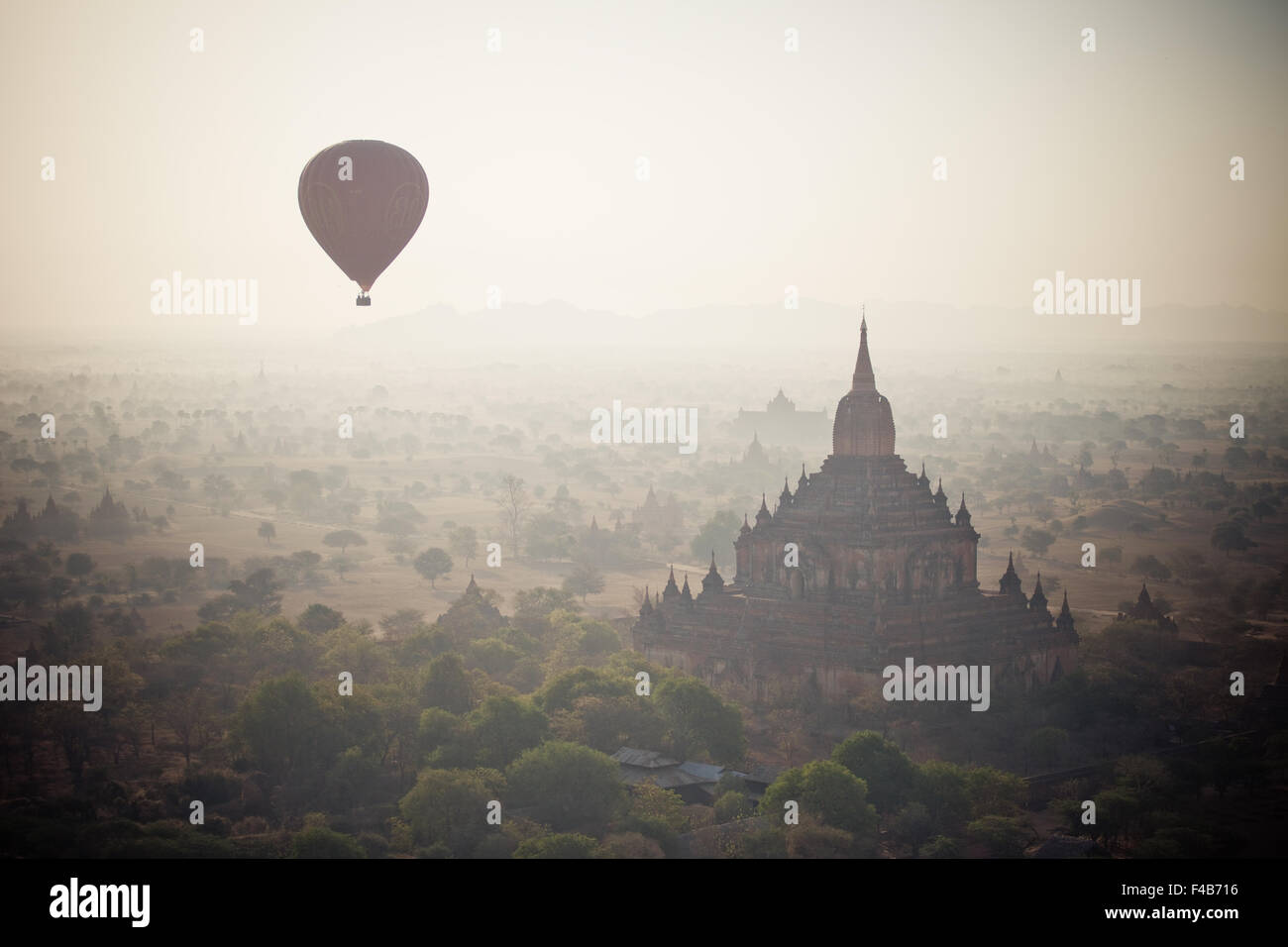 Balloon flight over Bagan ancient city, Kingdom of Pagan, temples and pagodas Burma (Myanmar) Stock Photo