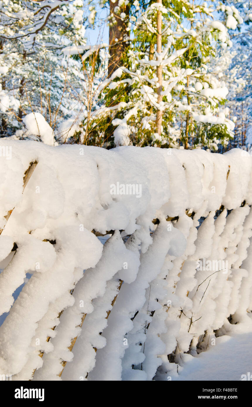 Snow covered tree with wooden fence hi-res stock photography and images ...
