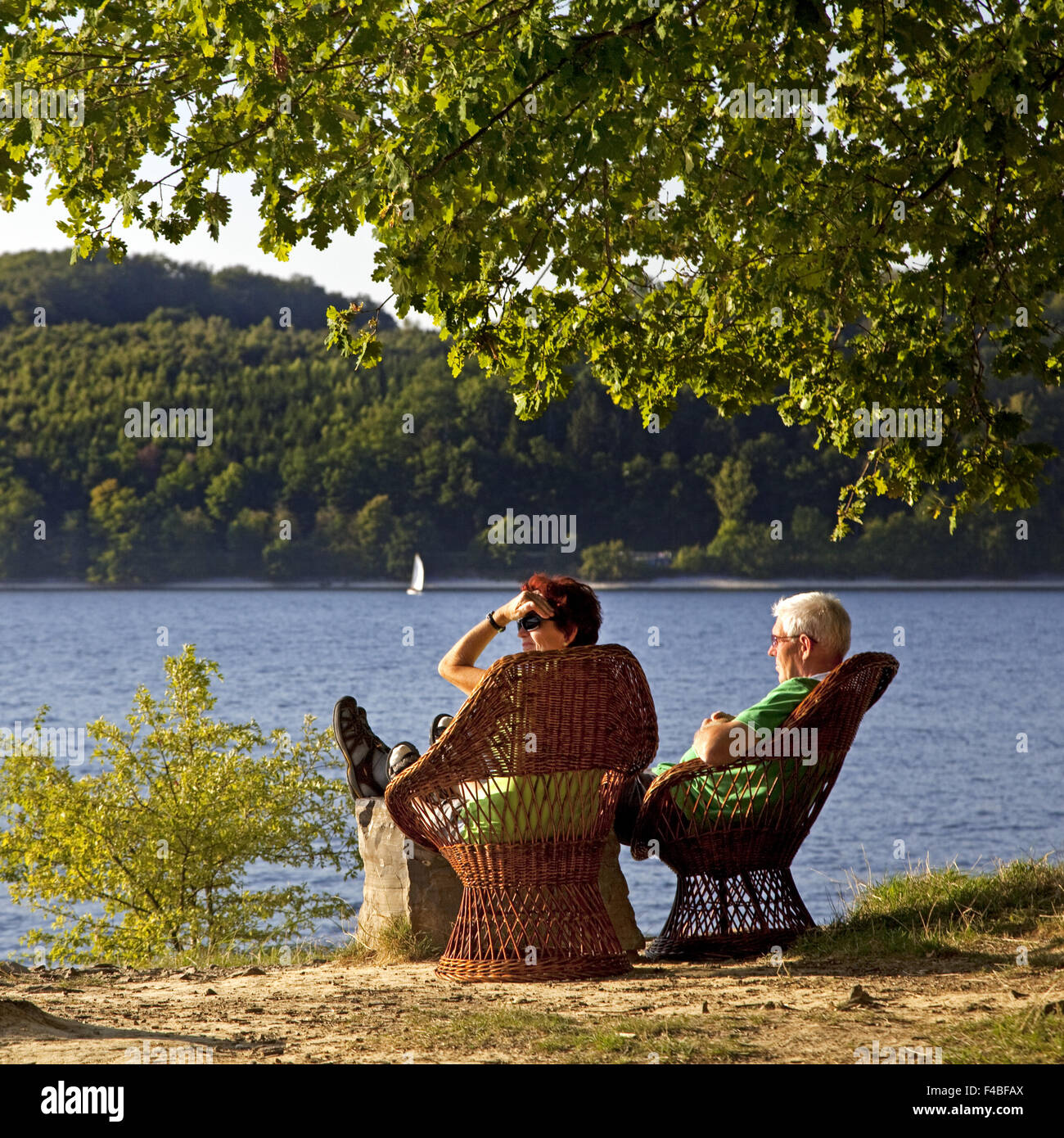 People at the reservoir Moehnesee, Germany. Stock Photo