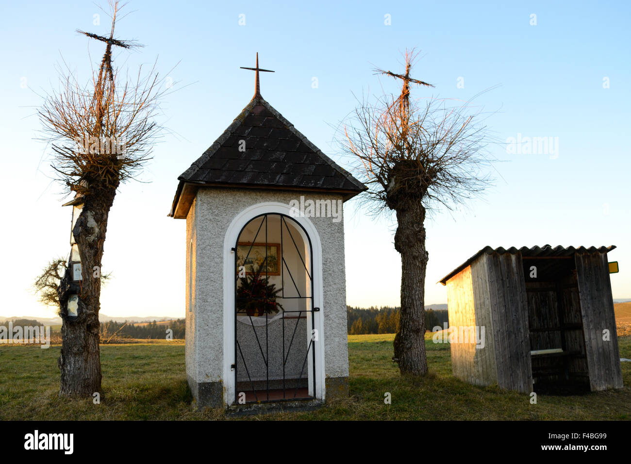 Chapel and bus stop Stock Photo