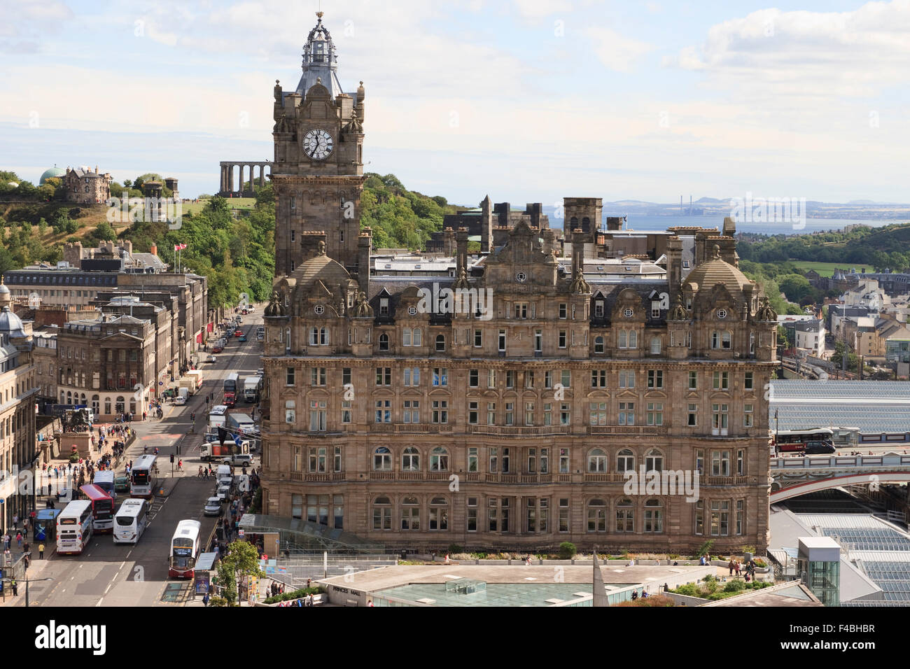 The Balmoral Hotel as seen from the Scott Monument in Princes Street Gardens, Edinburgh, Scotland. Stock Photo