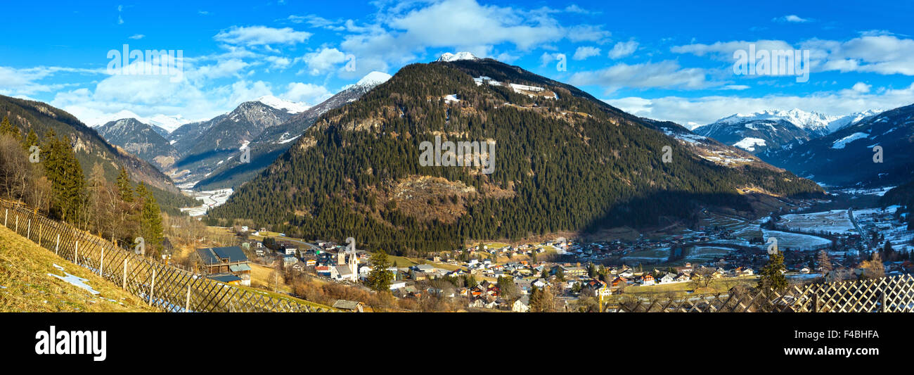 Winter mountain village panorama (Austria). Stock Photo