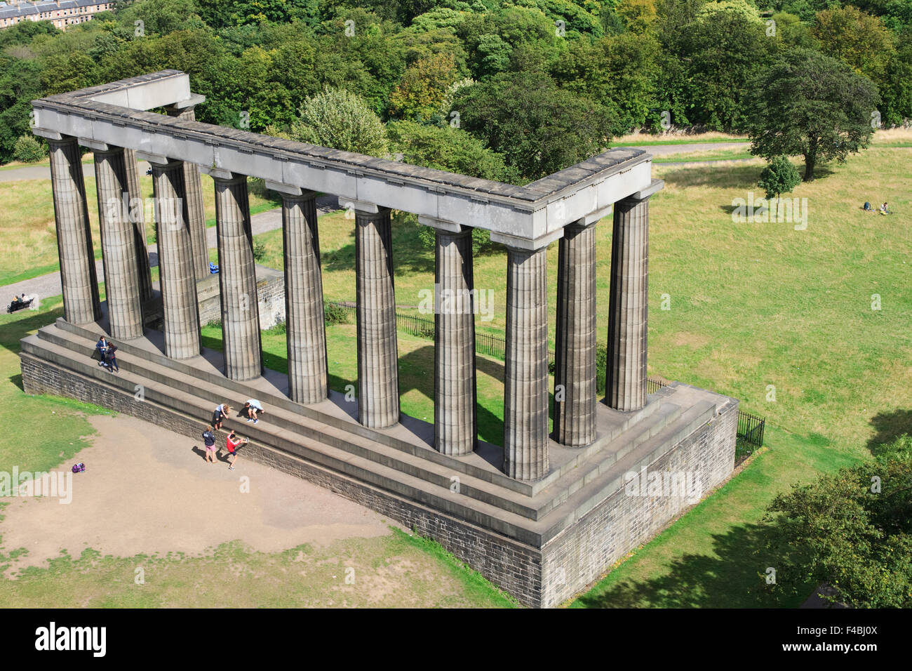 The National Monument of Scotland, on Calton Hill in Edinburgh, as seen from The Nelson Monument. Stock Photo