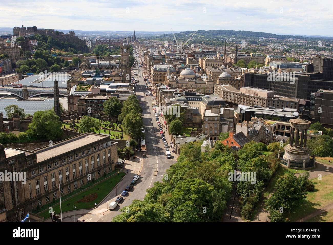 View from the Nelson Monument in Edinburgh, Scotland, looking down Princes Street. Stock Photo