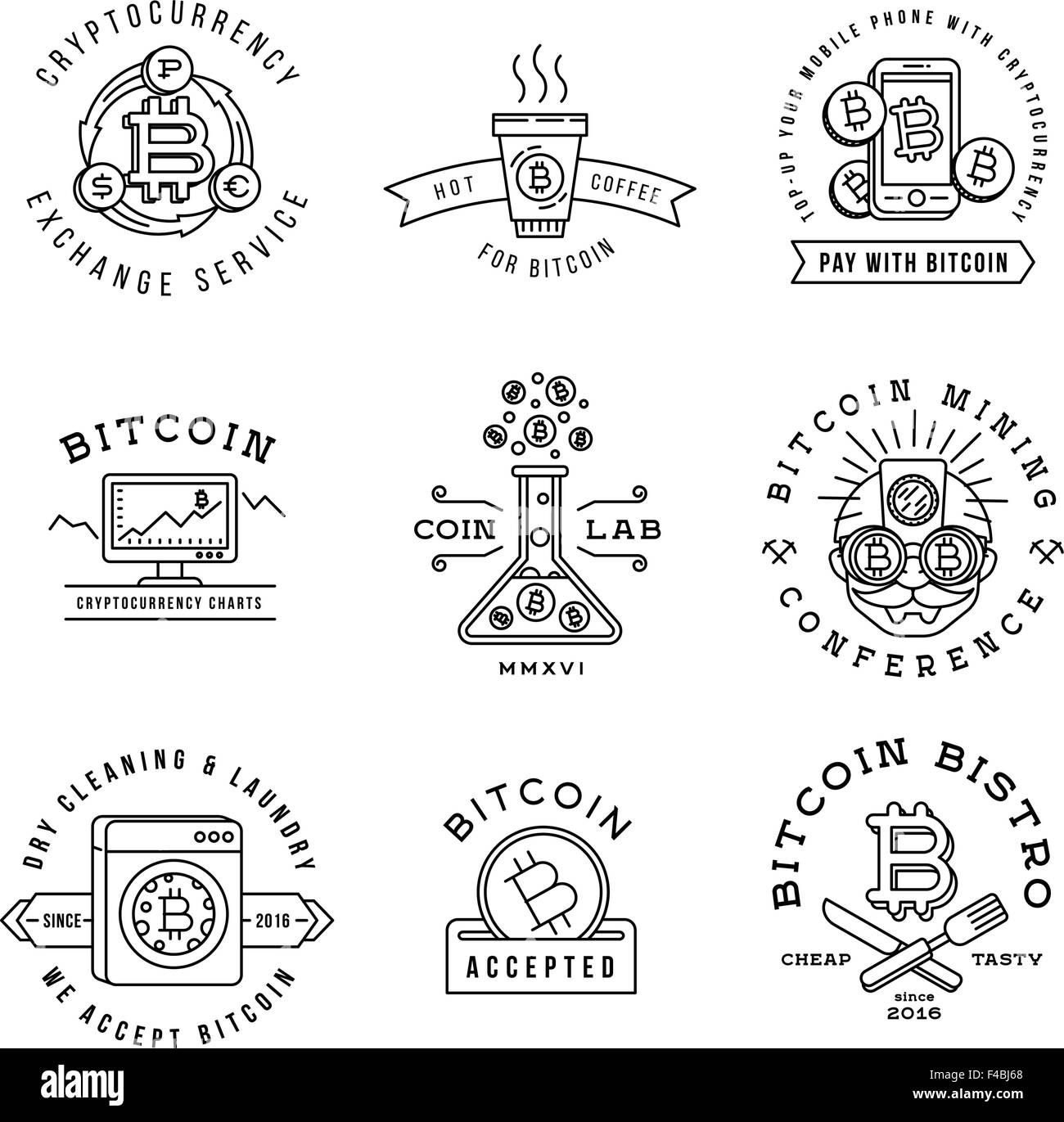 Bitcoin logo templates set. Cryptocurrency badge collection. Digital money icons. Outline coin vector design. Stock Vector