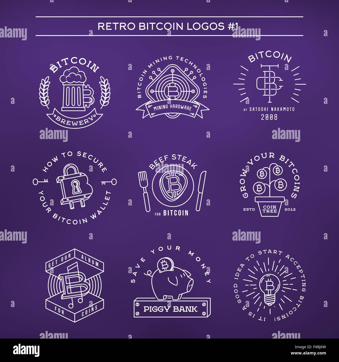 Bitcoin logo templates set. Cryptocurrency badge collection. Digital money  icons. Outline coin vector design on violet background Stock Vector Image &  Art - Alamy