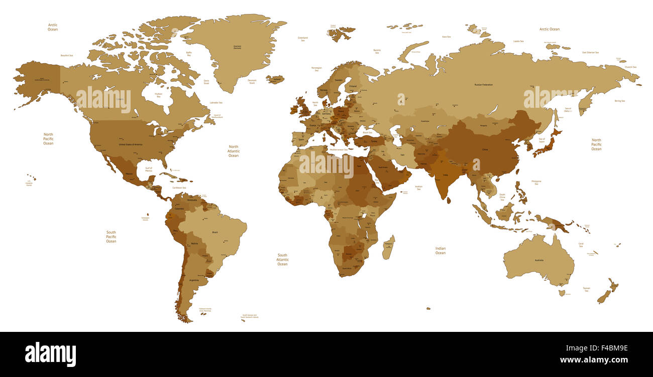 Brown detailed World map Stock Photo