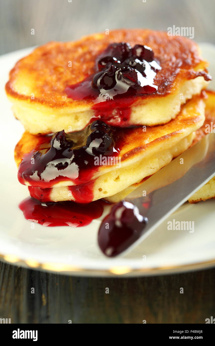 Pancakes with ricotta closeup. Stock Photo