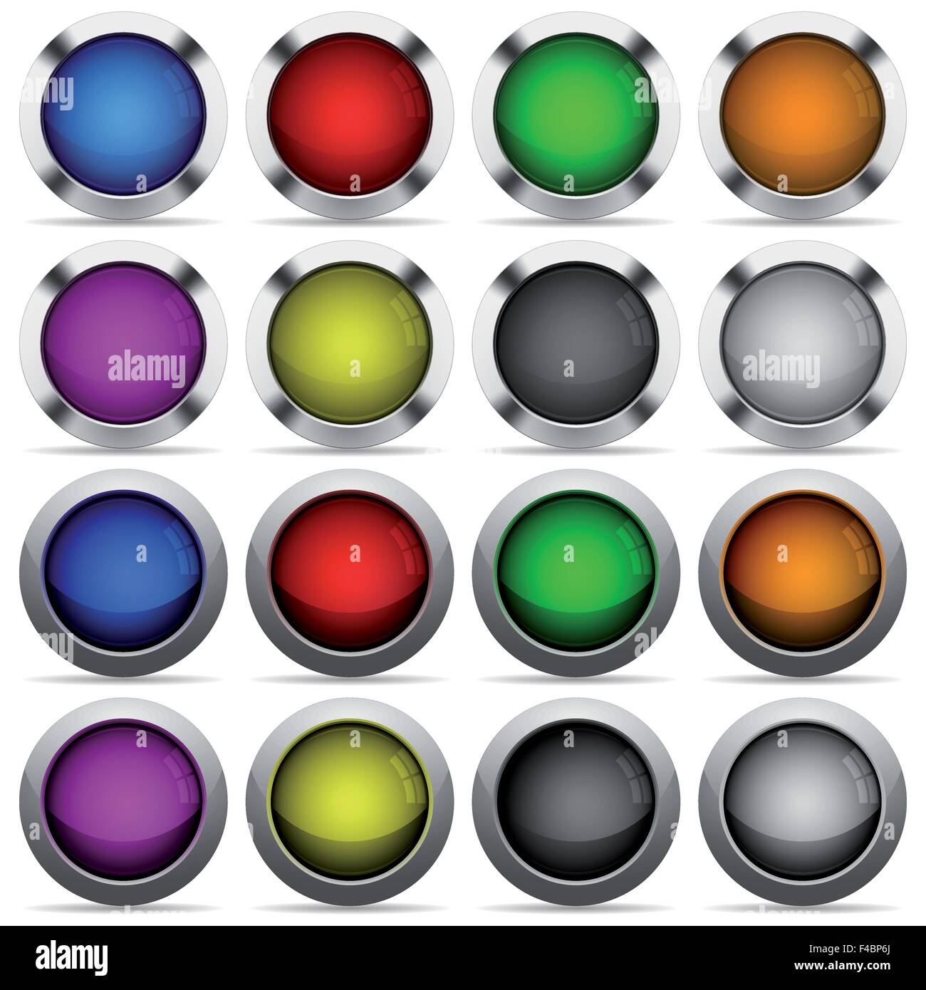 Set of 16 glossy color web buttons with shadows. Fully organized layer structure and color swatches. Easy to recolor or make hov Stock Vector