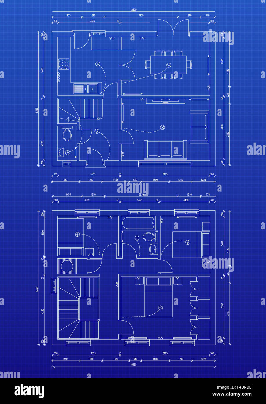 Blueprint plan of 3 bedroom house Stock Photo Alamy