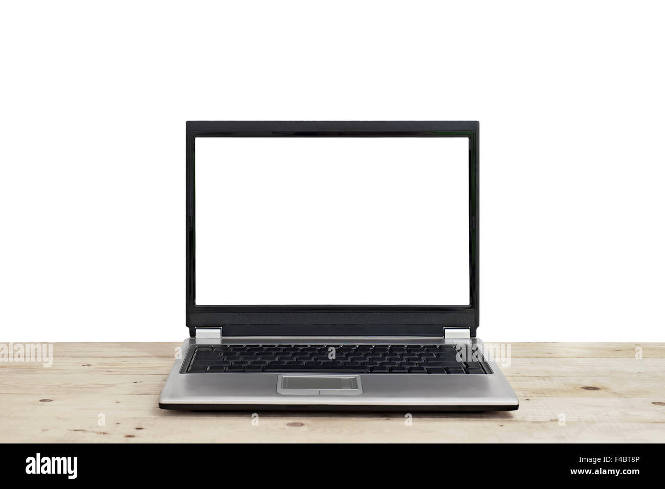 laptop with blank screen on wooden table isolated on white background ...
