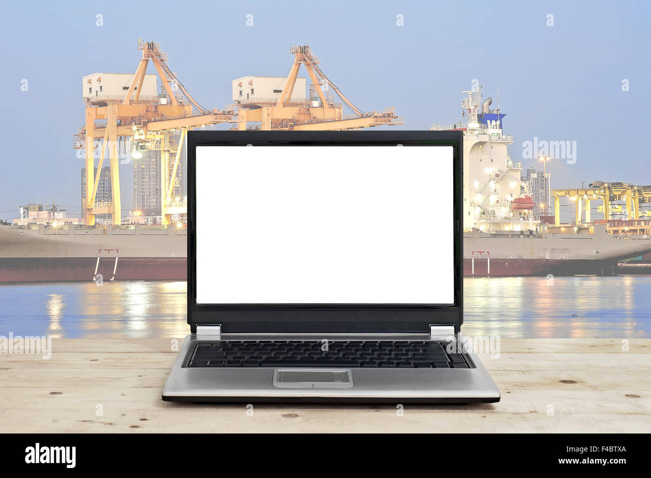 logistic business concept idea, laptop with blank screen on wooden ...