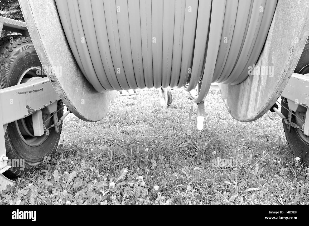 Cable drum trailer with broadband cable drum Stock Photo
