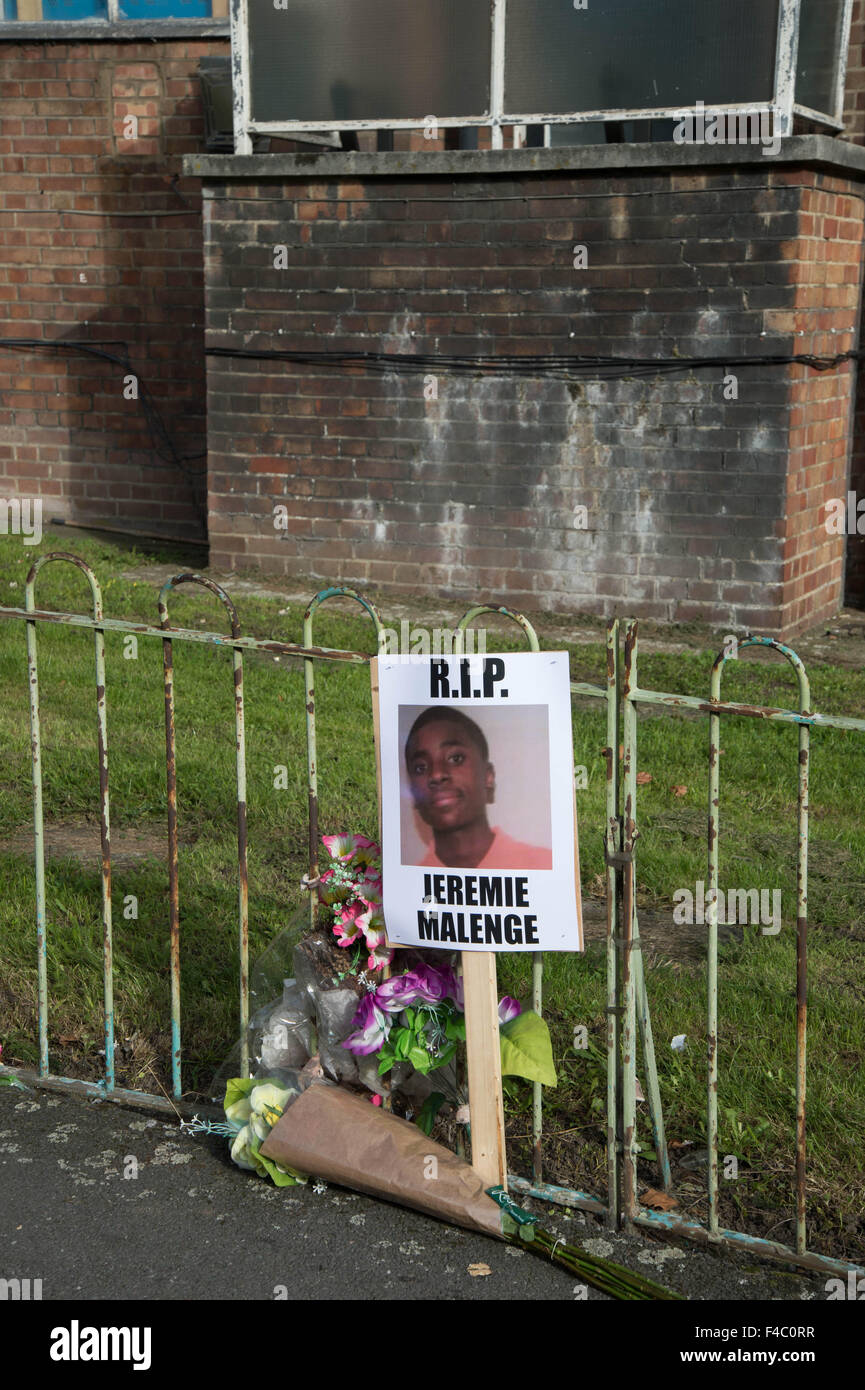 Flowers mark the spot off Homerton High Street were Jeremie Malenge was killed in January 2015 Stock Photo