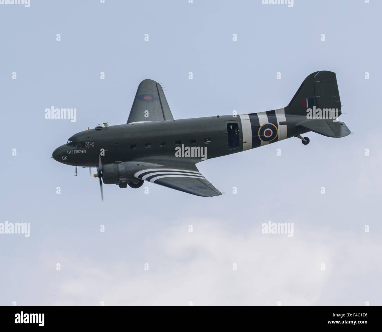 Battle of Britain Memorial Flight C-47 Dakota flying at Shuttleworth in October 2015 Stock Photo