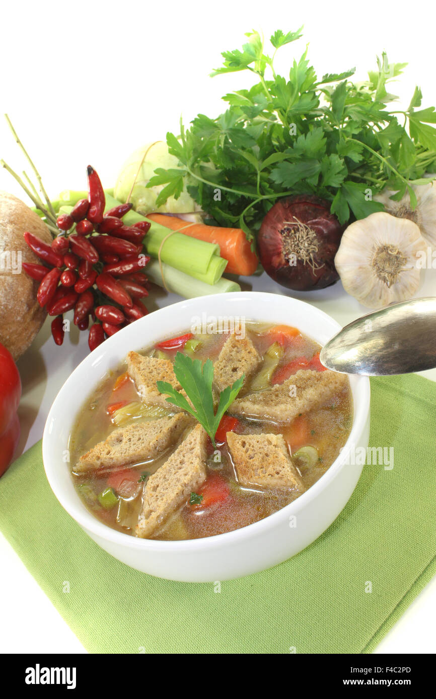 bread soup with croutons Stock Photo