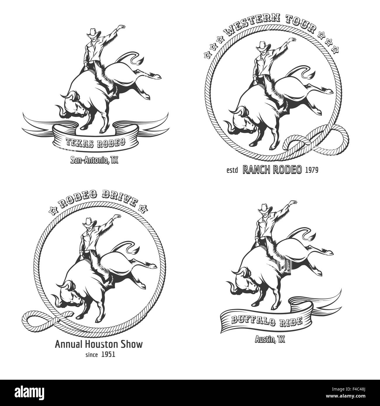 Set of vintage Rodeo labels. Bull riding Emblem and design elements. Stock Vector