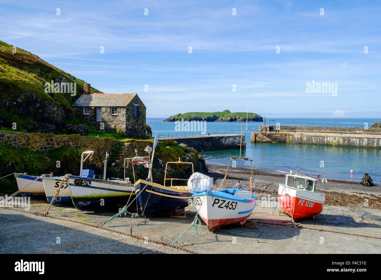Mullion Cove with fishing boats, Mullion, The Lizard Peninsula, Cornwall, England, UK Stock Photo