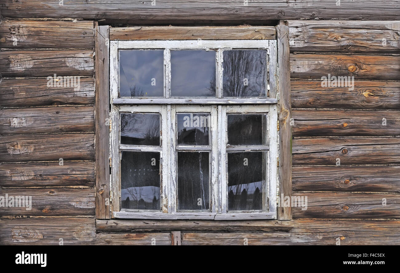 Old window of abandoned country wooden house Stock Photo