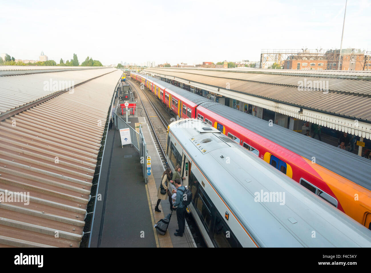 Trains on platform at Clapham Junction Railway Station, Battersea, London Borough of Wandsworth, London, England, United Kingdom Stock Photo