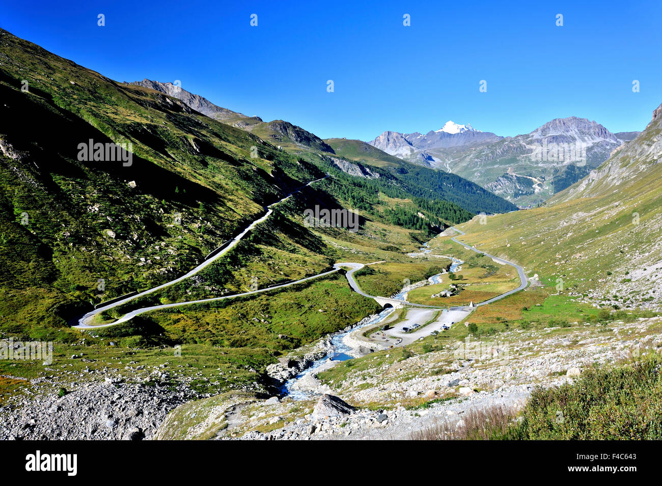 Valley Val-D'Isère the bridge St. Charles , Route des Grandes Alpes, French  Alps, France, view to mountain La Grande Motte Stock Photo - Alamy