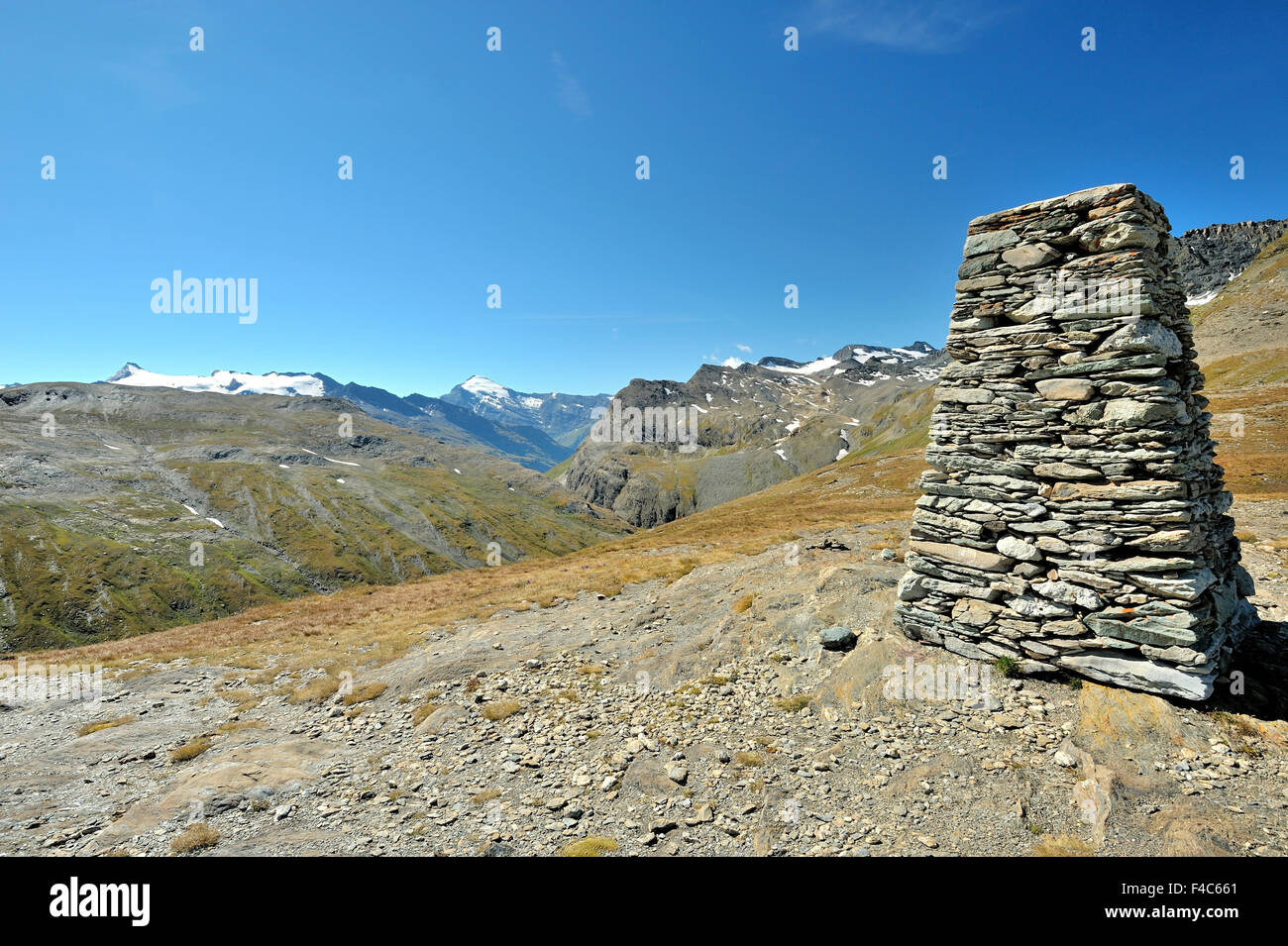 Pass Col de l'Iseran, Panorama view, highest natural pass in the French Alps, station of  Route des Grandes Alpes, French Alps Stock Photo