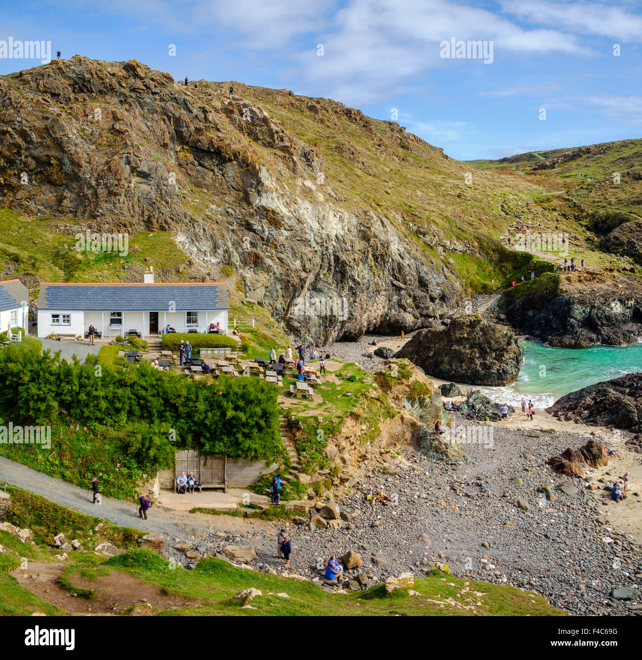 Cafe at Kynance Cove, bay and coastline, Lizard Peninsula, Cornwall, England, UK - from the South West Coast path Stock Photo