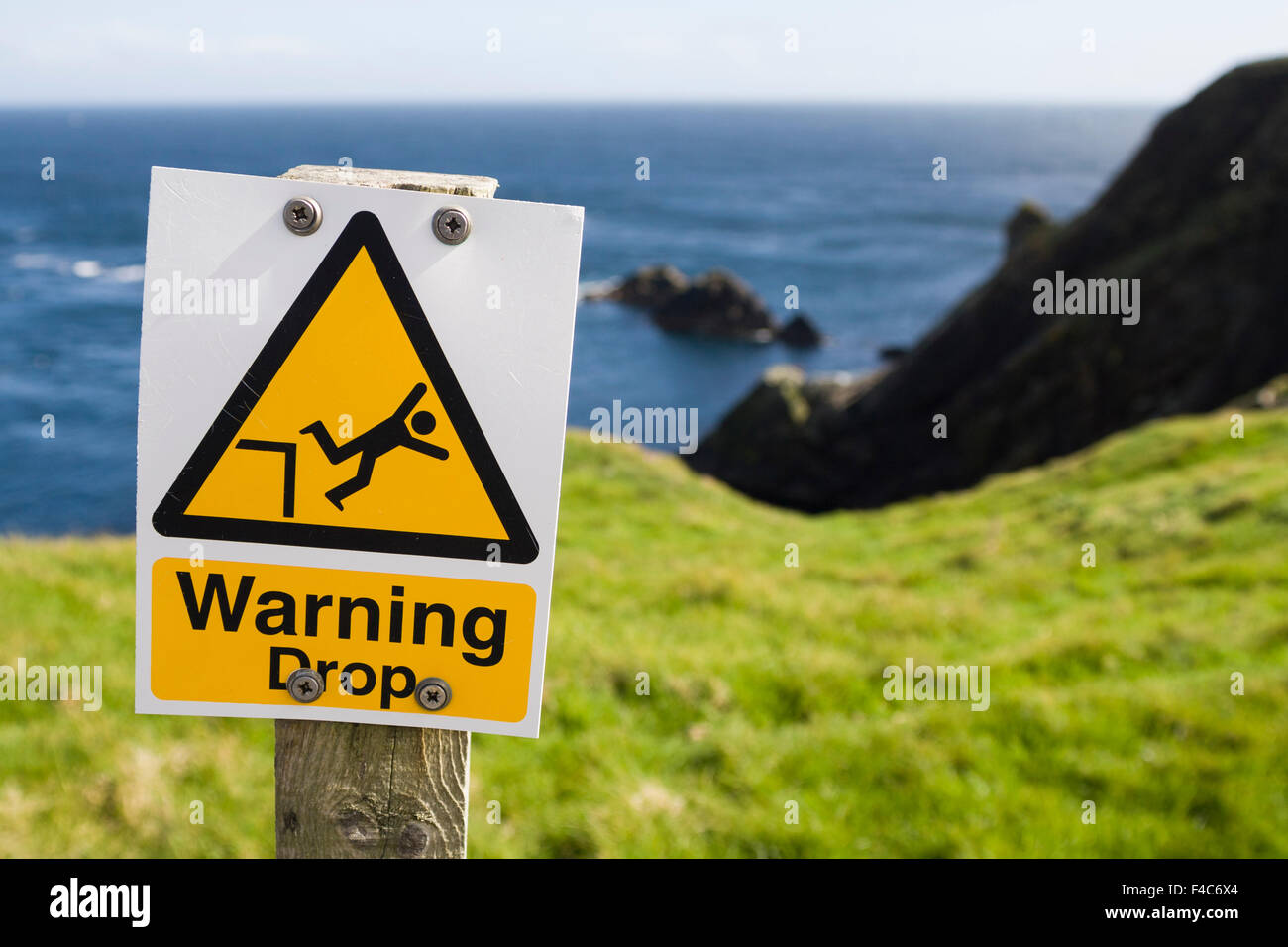 Warning Drop sign, Sumburgh, Shetland Islands, United Kingdom Stock Photo