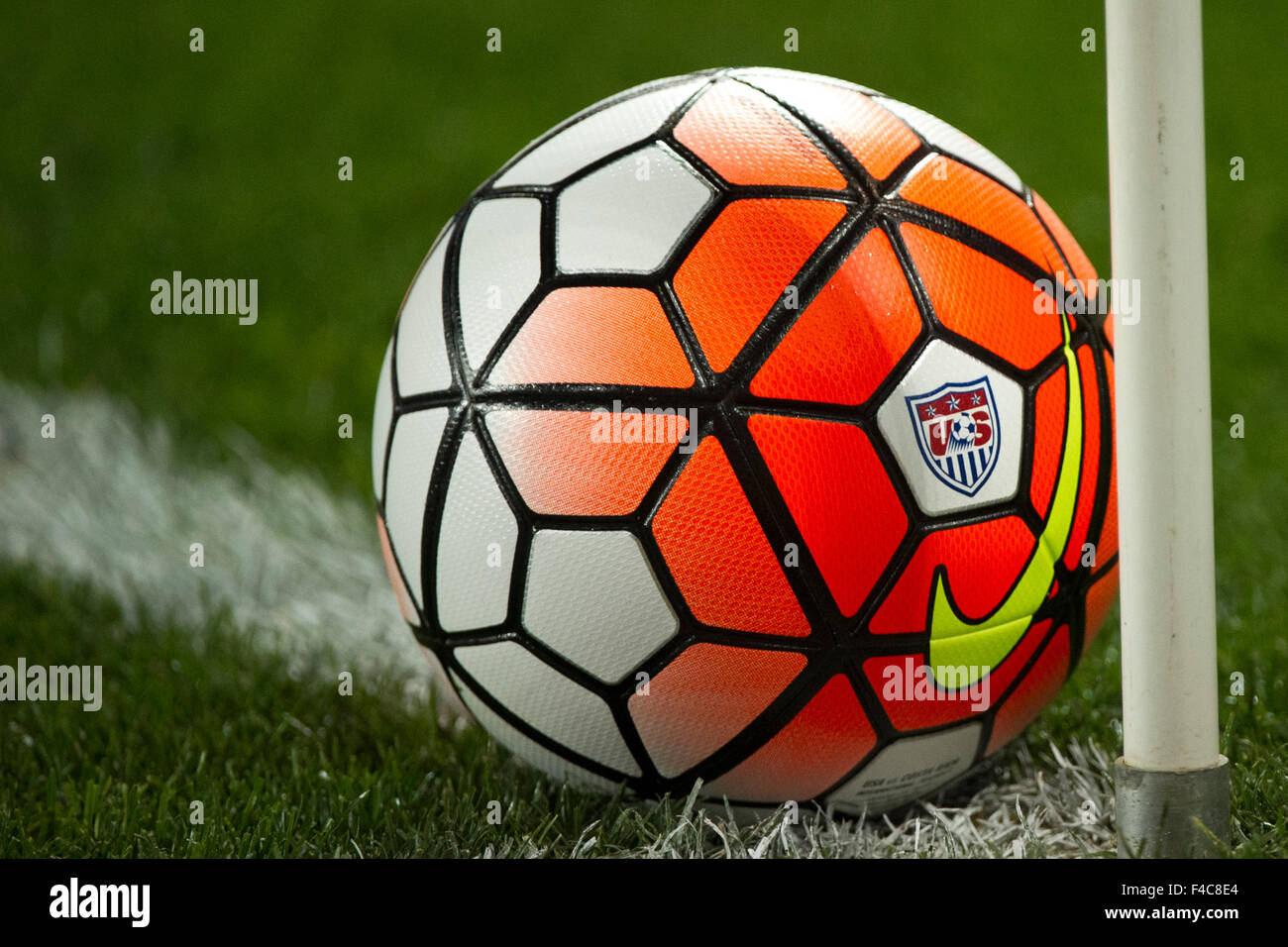 October 13, 2015: The USA soccer ball with The Nike logo is on the field  during The USA Men's National Team vs. Costa Rica Men's National Team-  international friendly at Red Bull